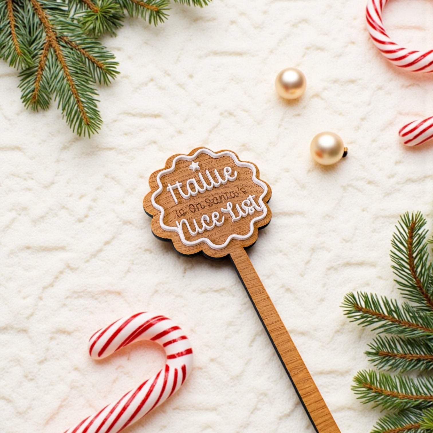 Personalised Nice List Scalloped Oak Wand