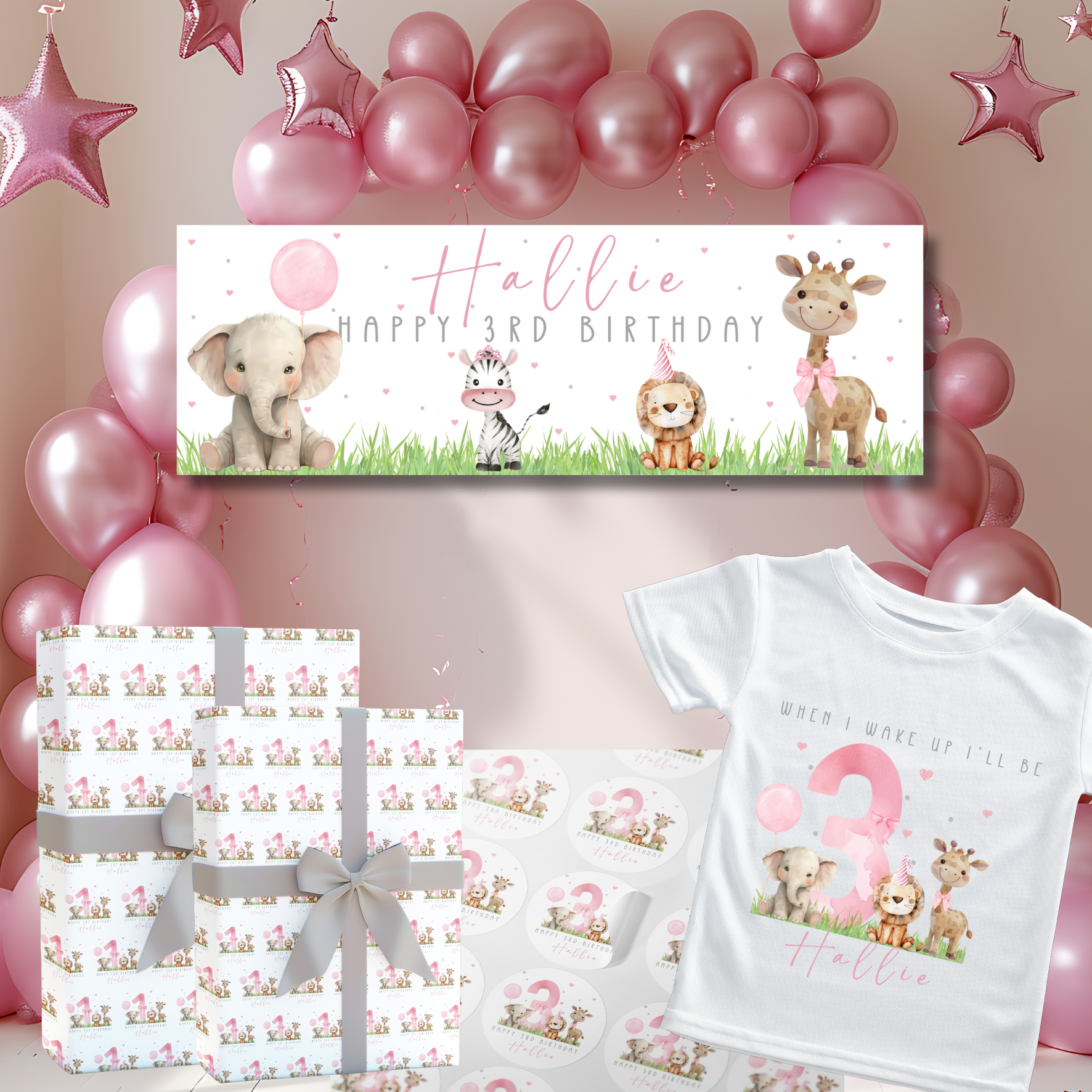 Personalised Pink Safari Birthday Bundle Small