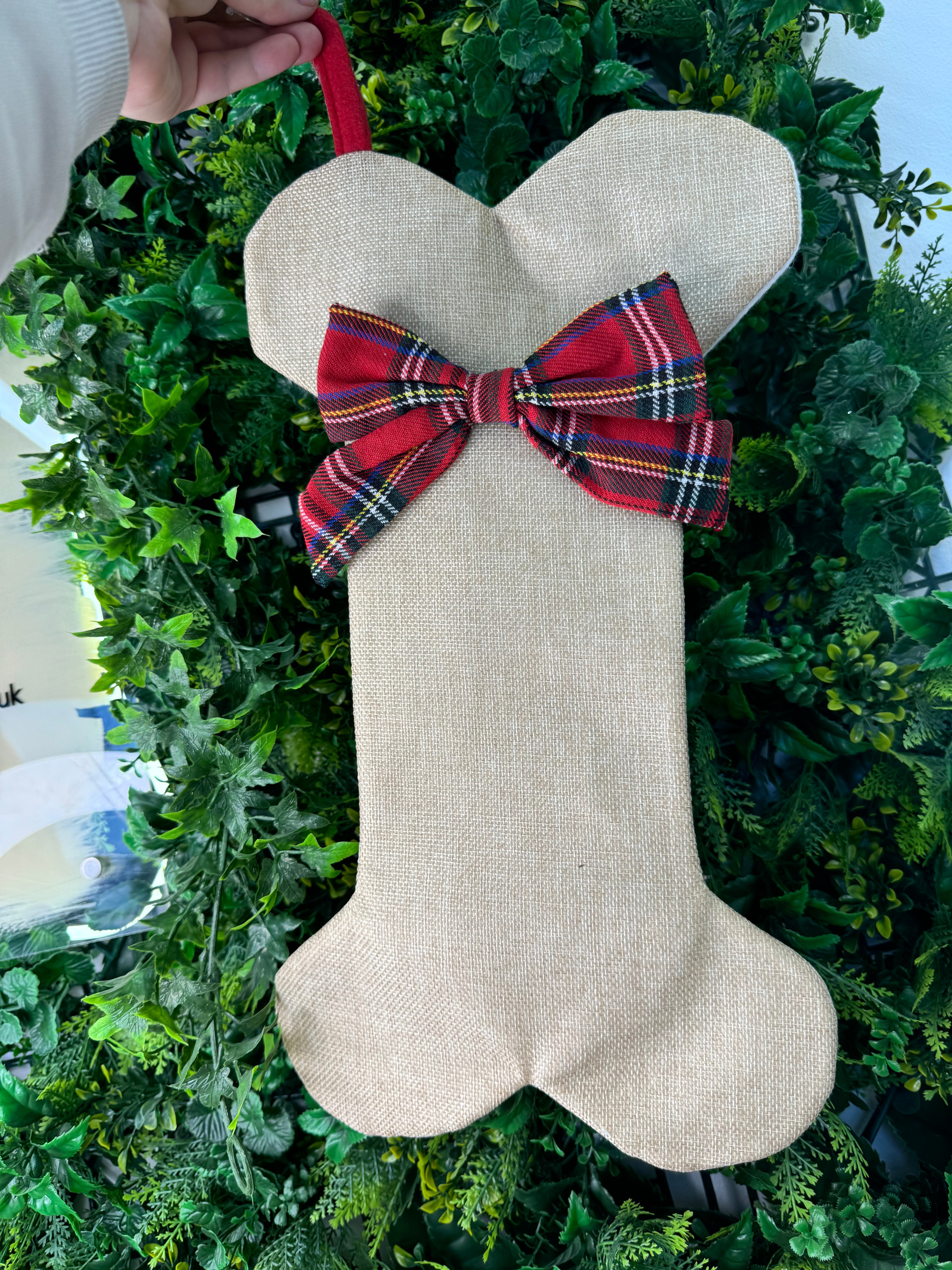 Plush Hessian Dog Stocking with Bow