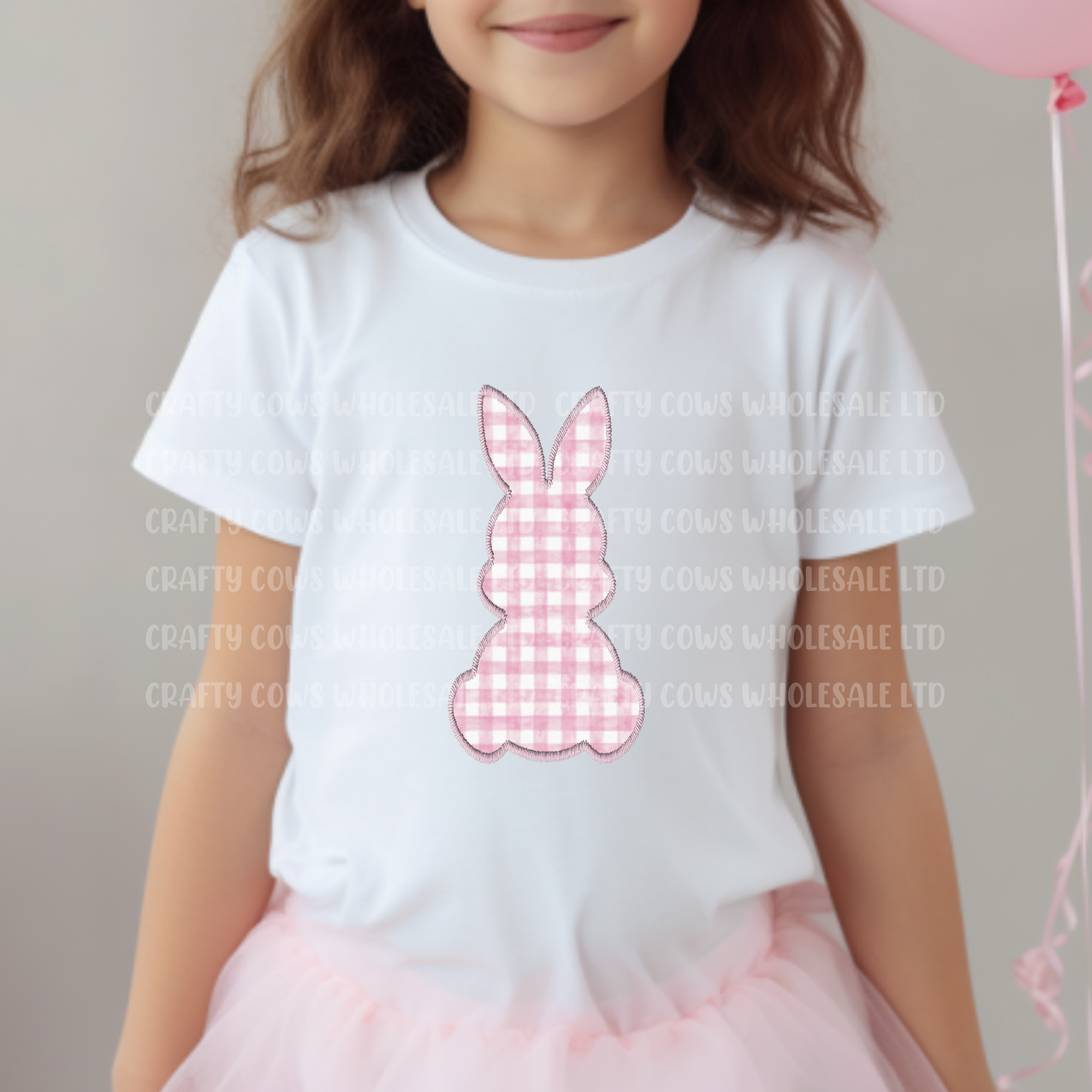 Easter Gingham Bunny Embroidery Style DTF - Pink