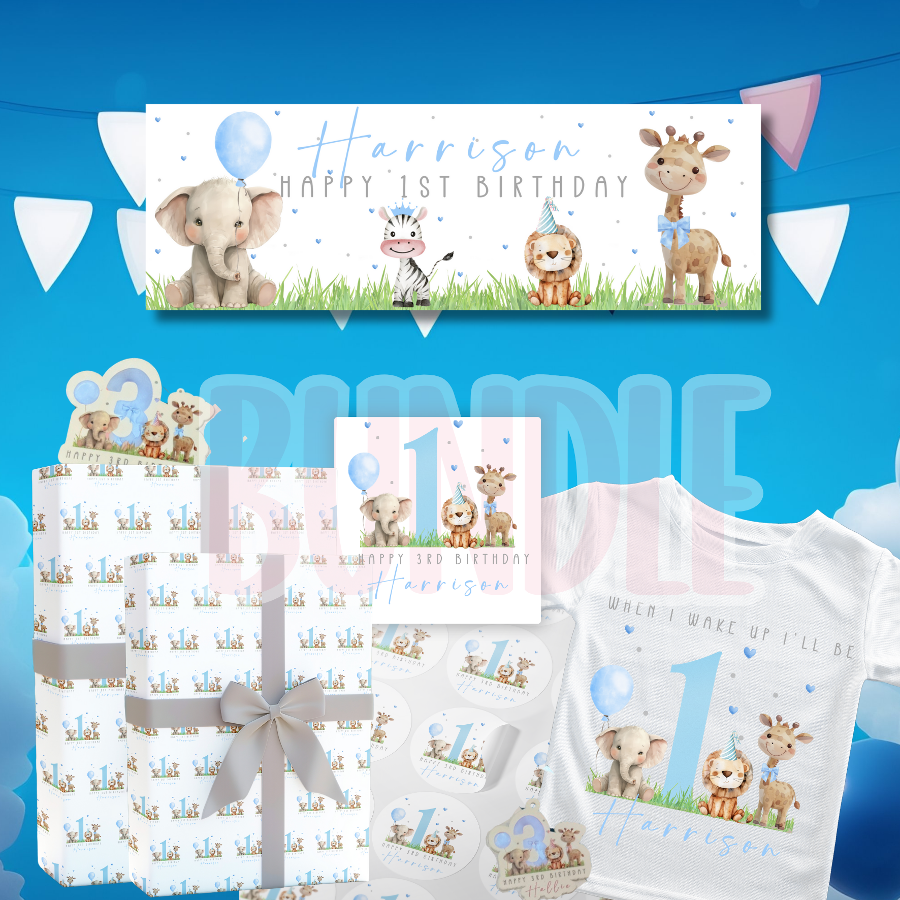 Personalised Blue Safari Birthday Bundle Large