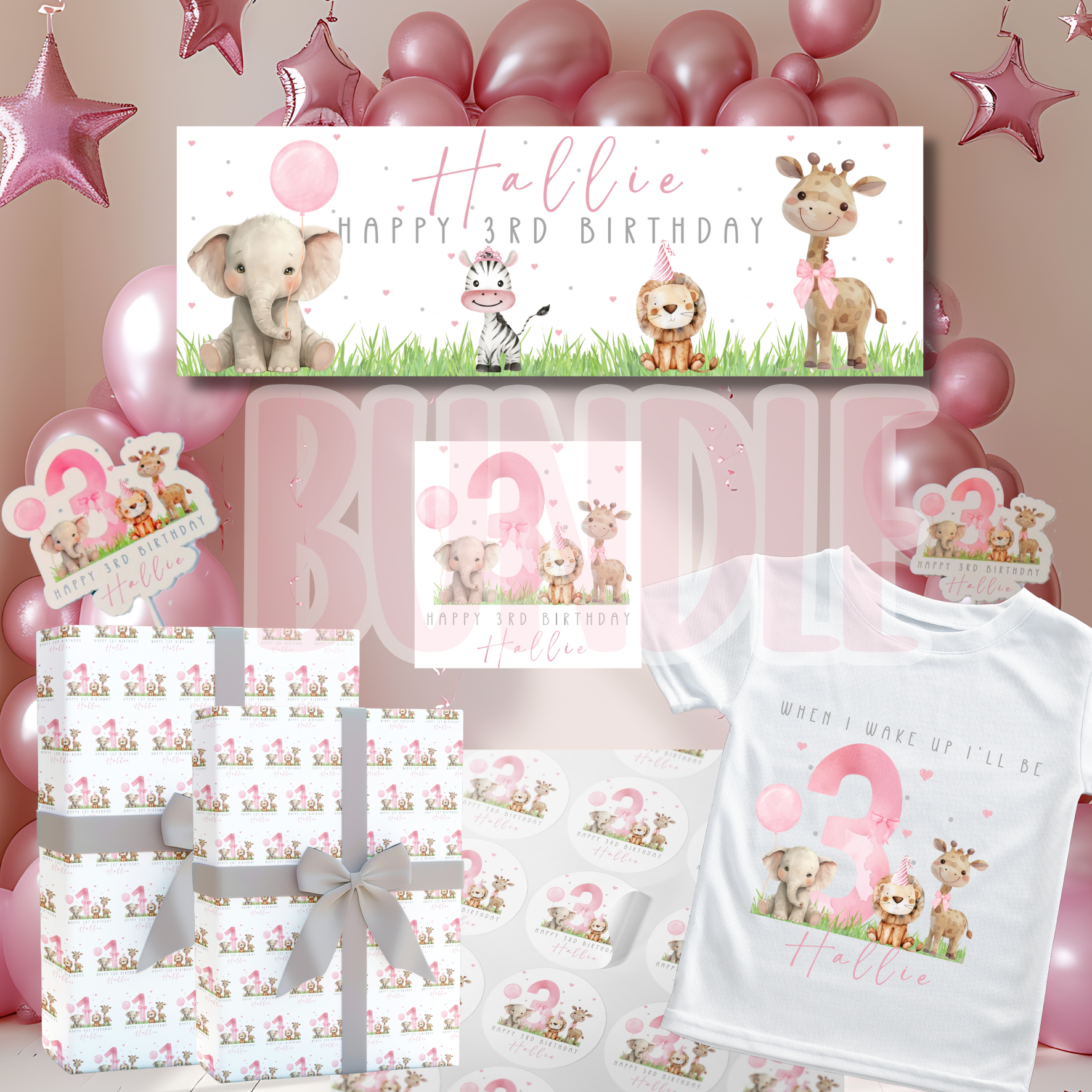 Personalised Pink Safari Birthday Bundle Large