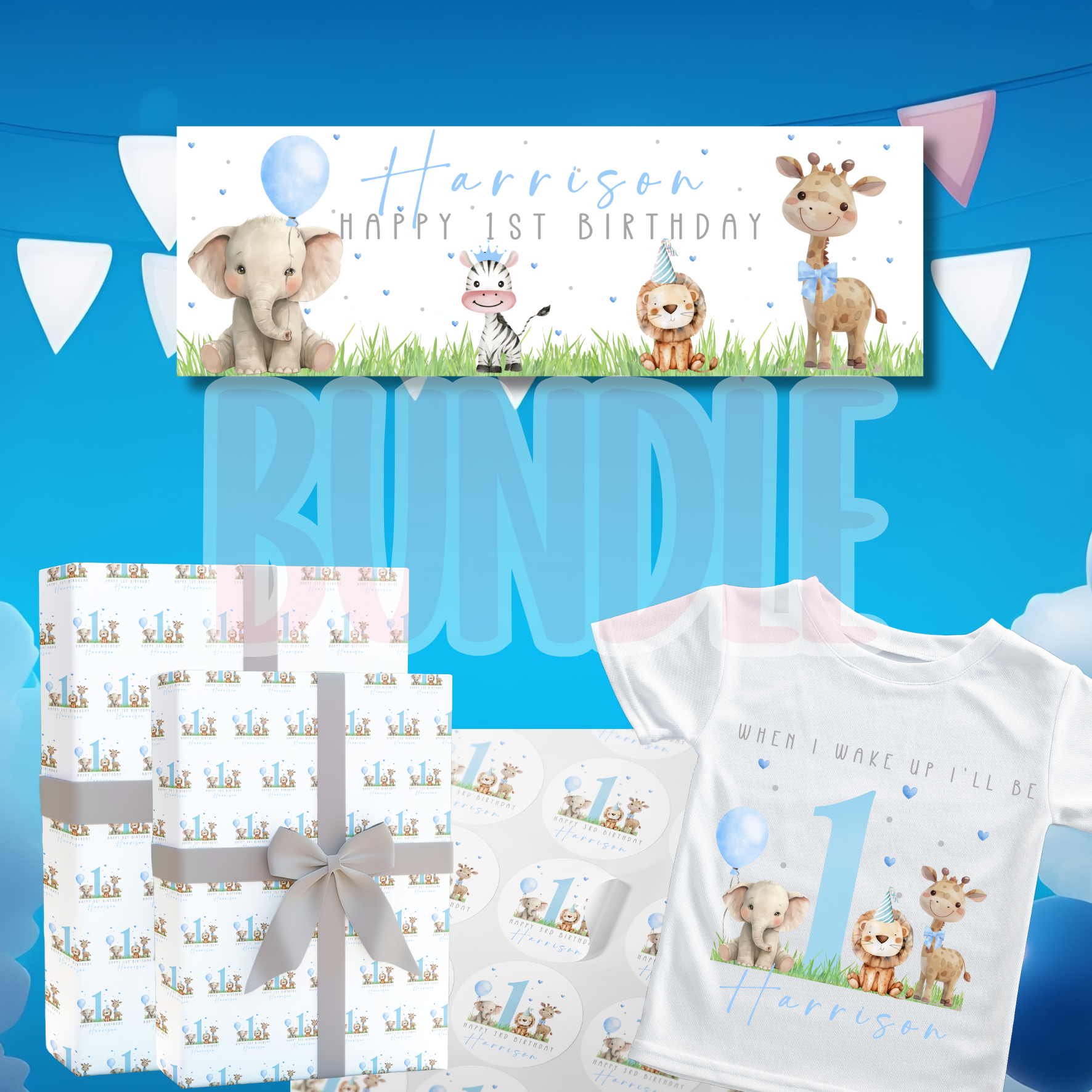 Personalised Blue Safari Birthday Bundle Small